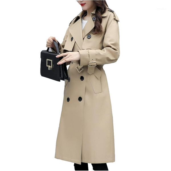 

2020 spring women's new windbreaker women's medium long korean plus size popular slim over the knee long autumn overcoat1, Tan;black