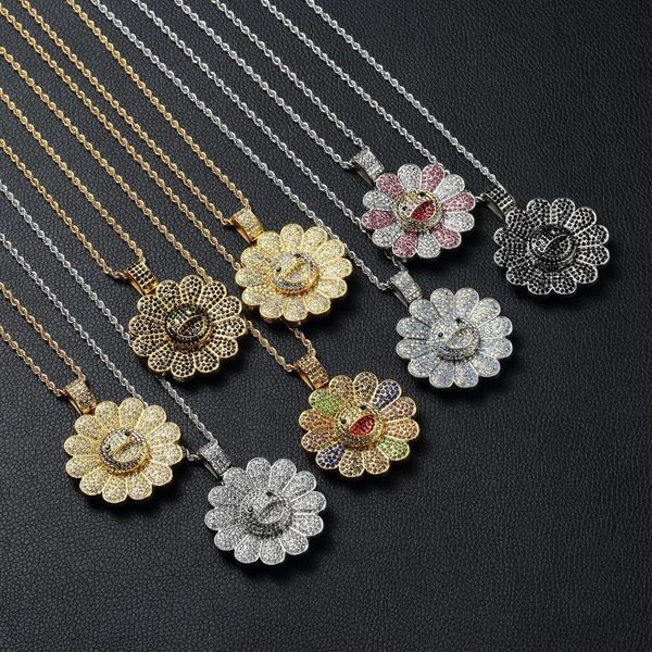 

men hip hop sun flower pendant necklaces iced out bling can rotatable fashion charm pendants necklace jewelry, Silver