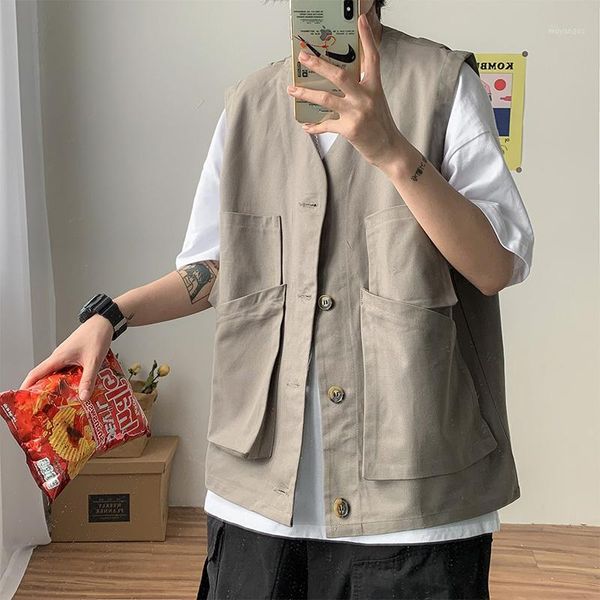 

korean style vest men streetwear hip hop sleeveless jacket tooling multi-pocket tactical waistcoats men1, Black;white