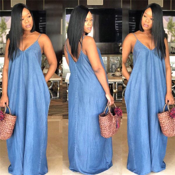 

2021 summer women's boho backelss long denim maxi dress women loose casual solid color jean sundress plus size, Black;gray