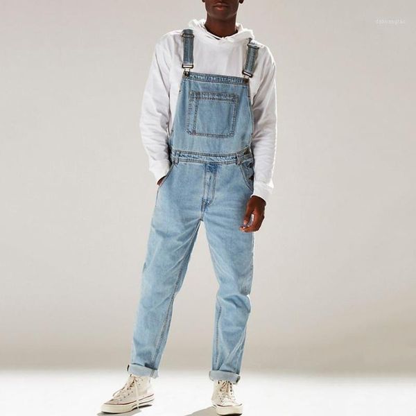 

men's denim bib pants washed full length jeans jumpsuits hip hop straight jean overalls for men streetwear new male jumpsuit d251, Blue