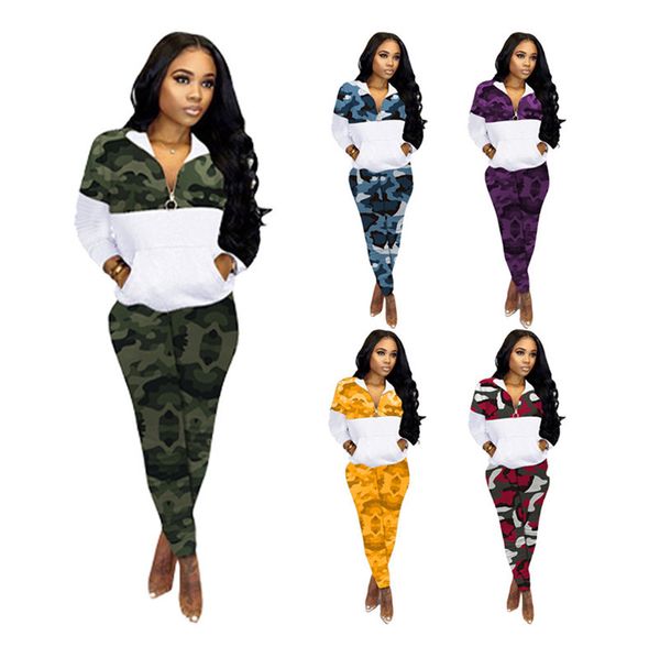 

women tracksuit plus size camouflage long sleeves sweater coat zipper jacket leggings fashion two piece set outfit sports suit s-4xl e101407, White