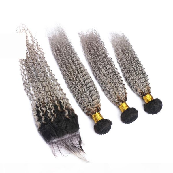 

black and silver grey ombre peruvian kinky curly human hair bundles with closure #1b grey ombre virgin hair weave with 4x4 lace closure, Black;brown
