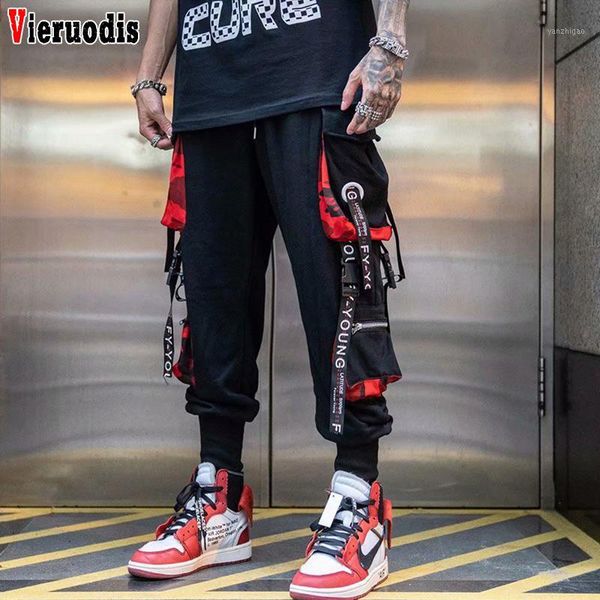 

men fashion elastic waist hip hop streetwear men casual sweatpants joggers nine pants block hit color pocket track pants1, Black