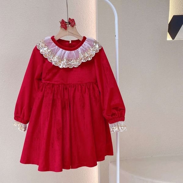 

2020 new winter girls plush drs korean lace princs children's christmas skirt, Red;yellow