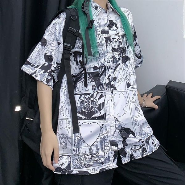 

anime naruto manga print summer women button up shirt short sleeve harajuku streetwear clothes blouse graphic cardigan, White