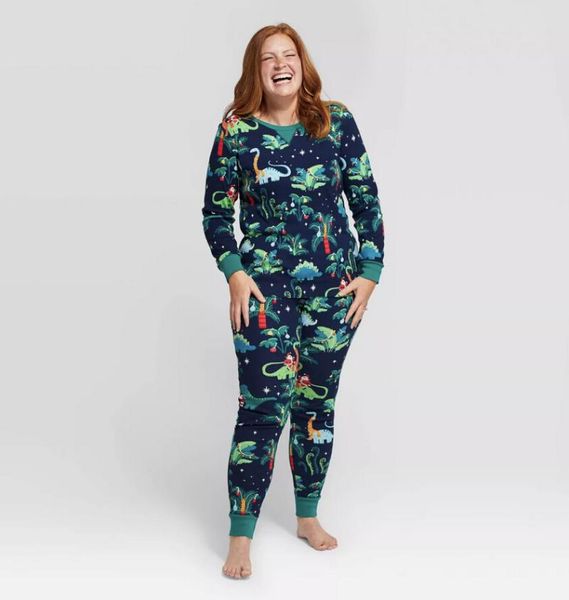 

christmas family parent-child costume cartoon dinosaur print pullover and elastic trousers two pcs set parent-child pajamas, Black;white