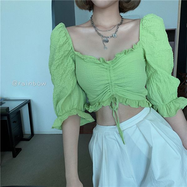 

2021 new femme womens harvest summer korean style v neck blow short female sleeve green shirts (r98169) 32kv, White