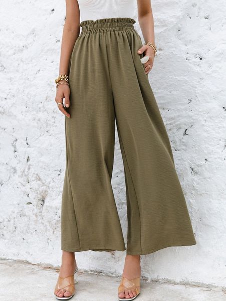 

simplee frill elastic waist wide leg pants without belt 20xf#, Black;white