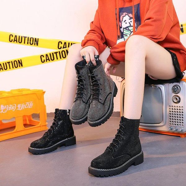 

diamond full diamond band thi bottomed platform slanted heel locomotive martin boots lace-up boots short b lady shoes -40, Black