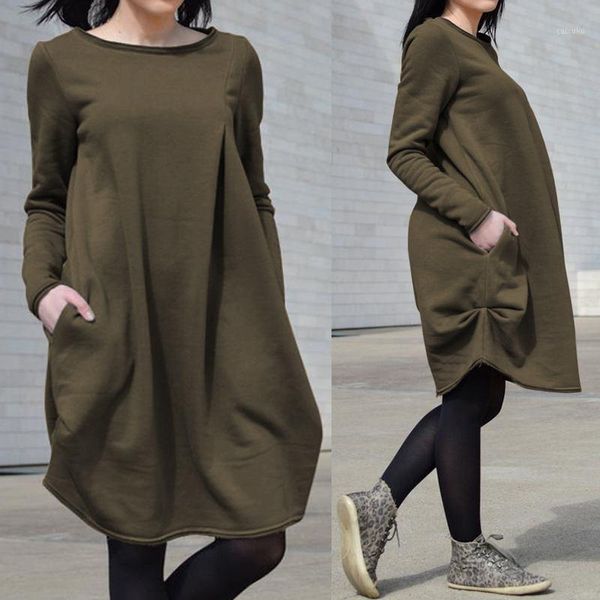 

plus size sweatshirt dress celmia women winter dress autumn long sleeve casual loose o-neck solid asymmetrical fleece vestidos1, Black;gray