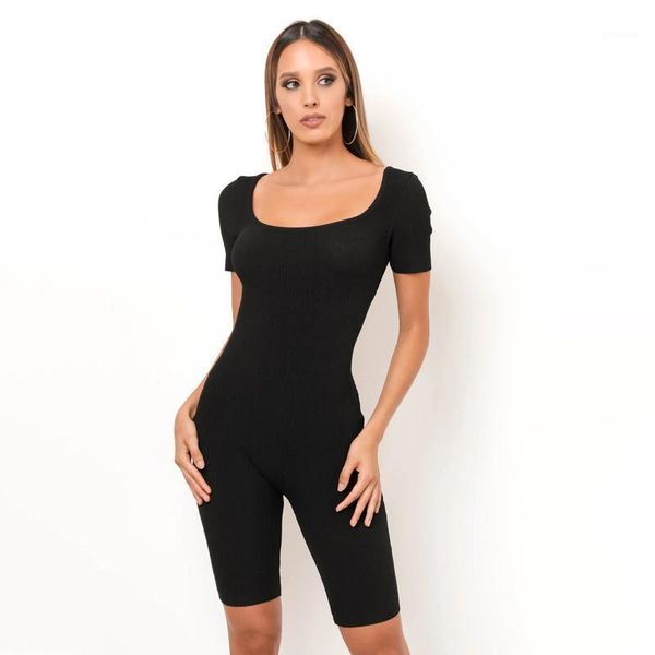 

2020 summer women knit jumpsuit sports tracksuit bandage bodysuits hollow square collar romper short sleeve playsuit1, Black;white