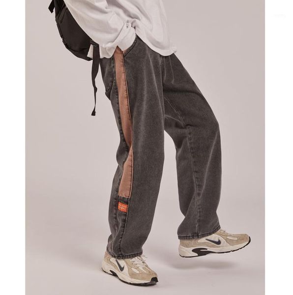 

2020 autumn and winter new youth popular couples loose contrast stitching jeans fashion casual all-match straight-leg pants1, Blue