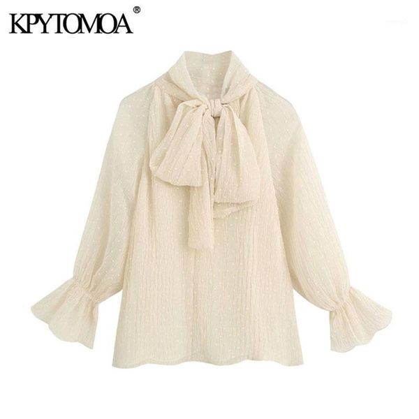 

kpytomoa women 2020 fashion with bow semi-sheer chiffon blouses vintage long sleeve loose female shirts blusas chic 1, White