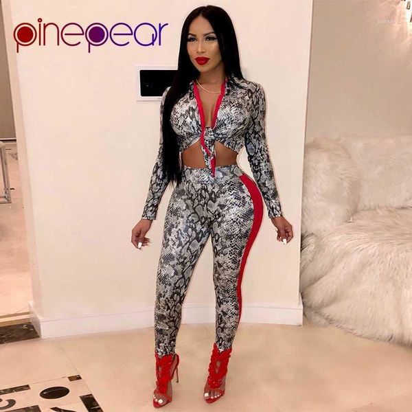 

pinepear 2020 trendy snake print 2 piece set women fashion bandage bow long sleeve crop + skinny pants outfits drop shipping1, White