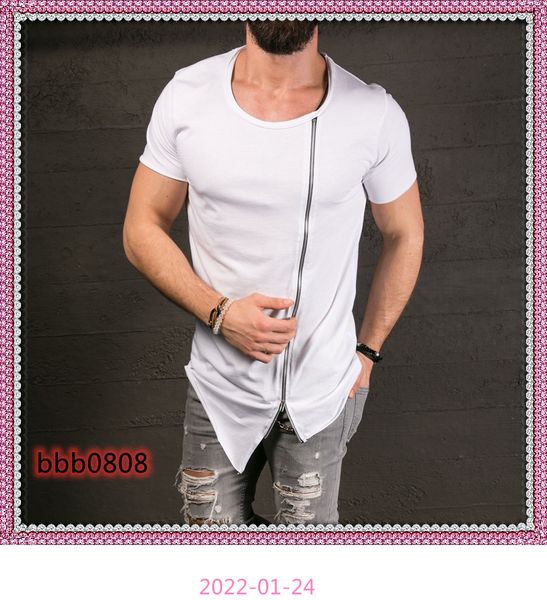 

cotton tee men's fashion show stylish long t shirt asymmetrical side zipper big neck short sleeve t-shirt male hip hop tee, White;black