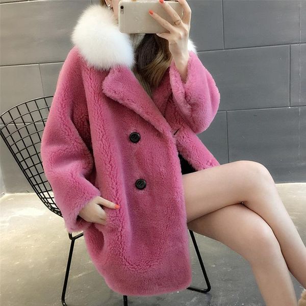 

women's fur & faux loose wool coat white warm real jackets winter red sheep shearing with hair collar autumn fashion, Black