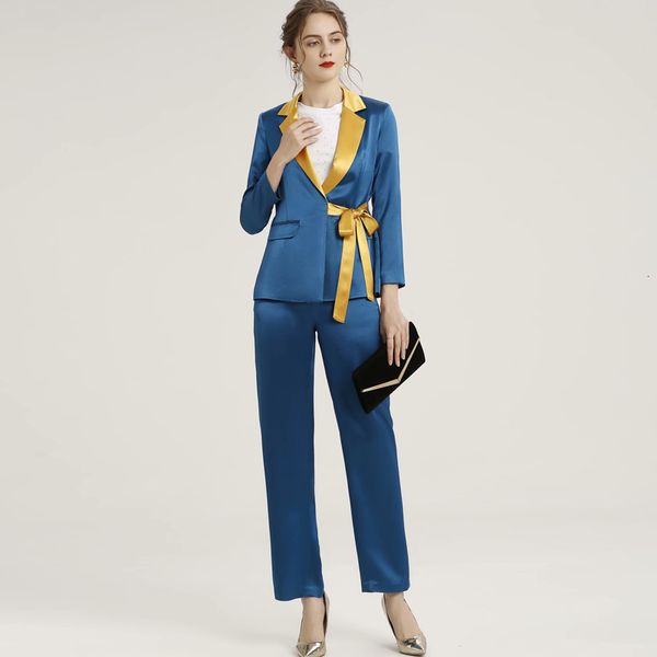 

2021 new autumn v-neck style long sleeve belt satin suit thin jacket women's britches of two pieces l6nz, White;black