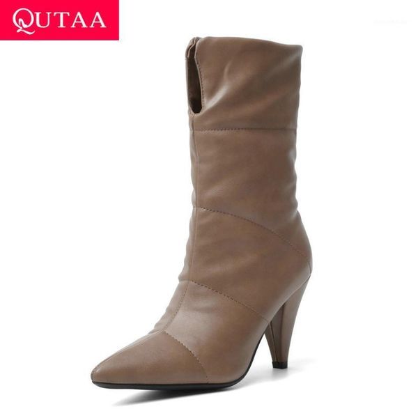 

boots qutaa 2021 pu leather spike high heel antiskid autumn winter mid calf pointed toe slip on concise women shoes size 34-431, Black