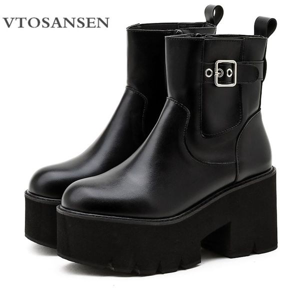 

new shoes solid color female platform shoes rrto punk block heel autumn winter ankle women boots round toe buckle strap, Black