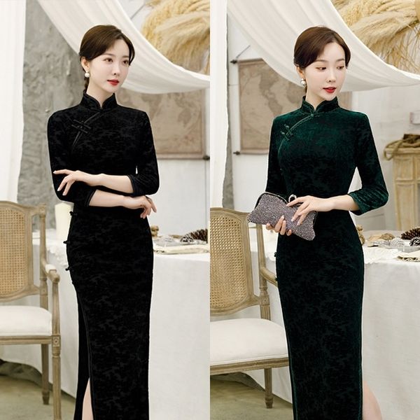 

mln65 2020 new and autumn skirtcheongsam velvet dress embroidered long skirt spring cheongsam skirtand large skirt mother size improved fash, Black;gray