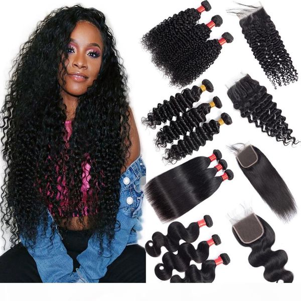 

brazilian virgin hair 3 4 weave bundles weft with lace closure wholesale 9a human hair bundles with closure straight body culry deep wave, Black;brown