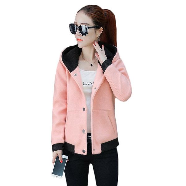 

women's wool & blends short woolen coat female 2021 autumn winter fashion wild single breasted women plus size hooded jacket lq367, Black