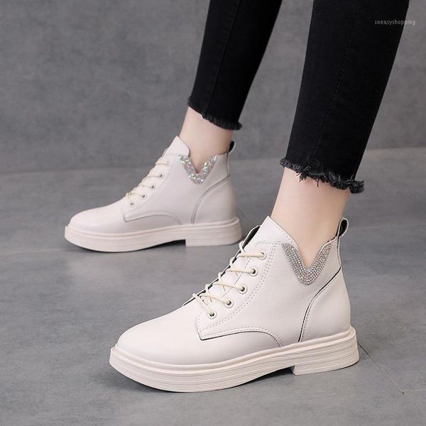 

size plus 2020 autumn new boots british style pu leather lace up low heels crystal ankle boots for women shoes woman1, Black