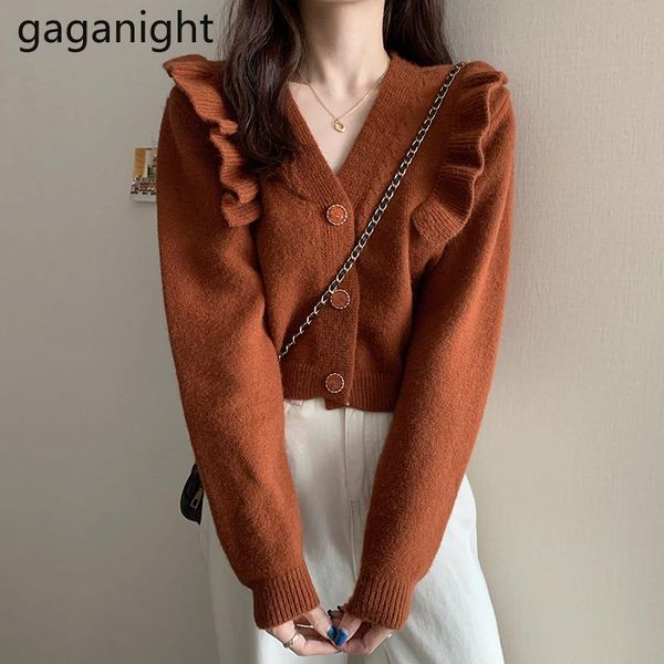 

women's knits & tees gaganight knitted women cardigan autumn winter ruffles solid crop kardigan v neck fashion cardigans outwear singl, White