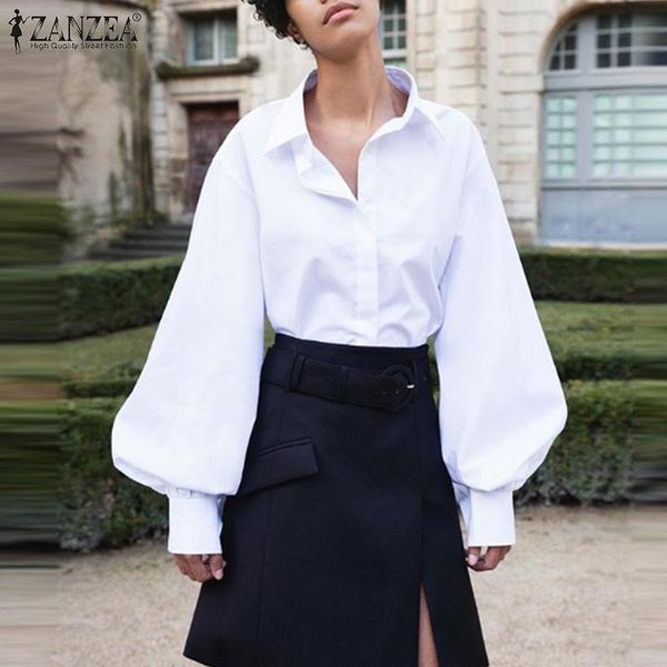 

zanzea women and blouses 2020 fashion lady work chic blusas casual button-down shirts puff sleeve cotton linen tunic, White