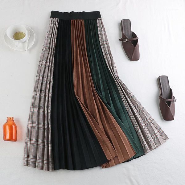

autumn winter patchwork pleated women skirts high waist loose all match knee-length lady elegant buttoming clothing, Black