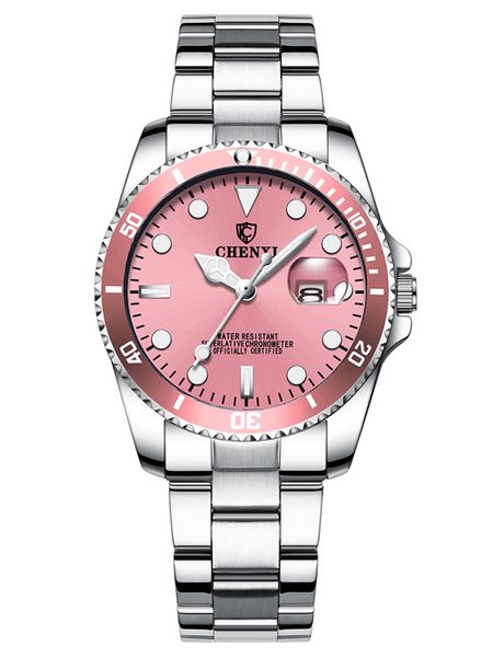 

women chronograph quartz watch green pink blue black dial female business casual wristwatch calendar relojs womens stainless steel watches, Slivery;brown