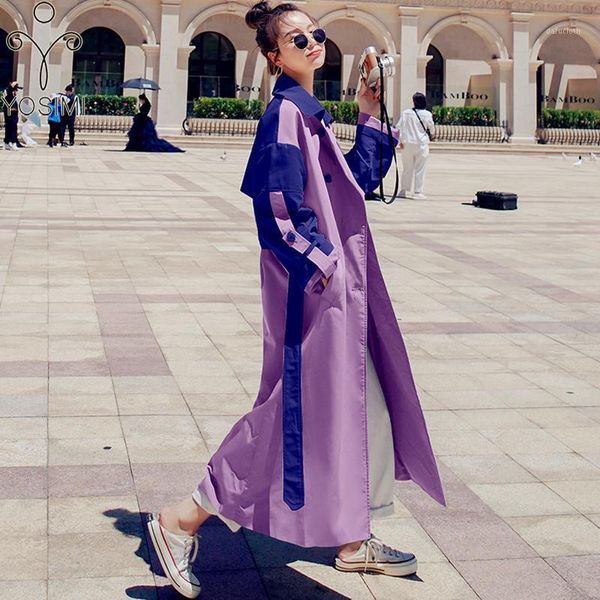 

yosimi purple large size loose windbreaker 2020 autumn winter turn-down collar bat sleeved full sleeve long women trench coats1, Tan;black