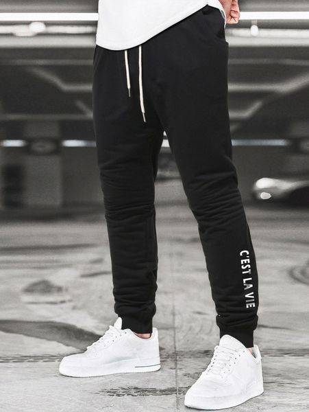 

men slogan graphic drawstring waist sweatpants x5pu#, Black