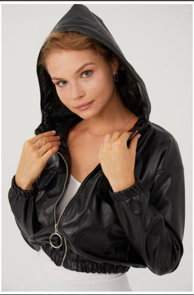 

женщины, обрезанные кожаные куртки с капюшоном, подарок, стильный, четыре сезона, новая мода, новая тенденция, 1, Black