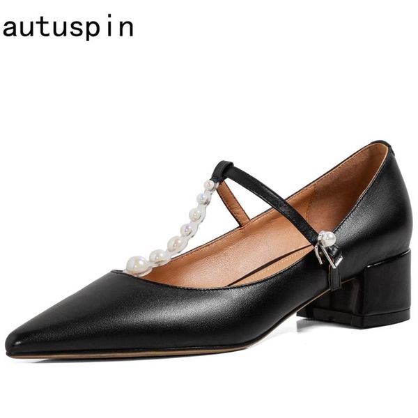 

autuspin pointed toe thick heels women genuine leather mary janes pumps 2021 female office sweet party dress shoes, Black