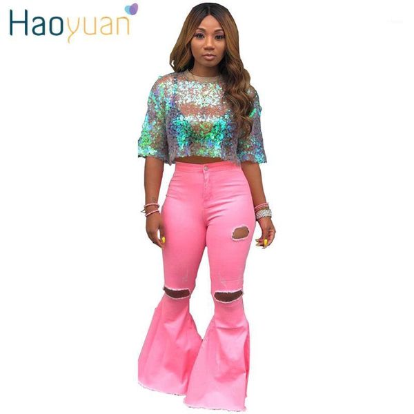 

haoyuan plus size flare jeans woman stretch autumn streetwear bell bottom trousers high waisted club skinny denim pants1, Blue
