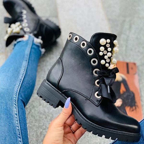 

boots women's ankle lace up pearls square heel casual shoes faux pu black j601