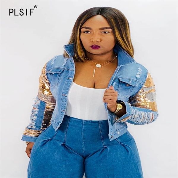 

2020 fashion shiny sequined sleeve lady jackets long sleeve spring autumn coat streetwear fashion slim short denim jackets1, Black;brown
