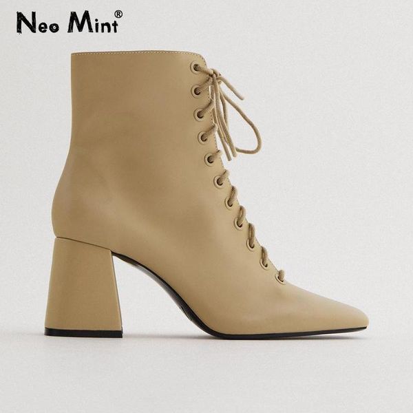 

boots brown leather high heels brand designer chunky ankle for women square toe cool stylish side zipper shoes woman1, Black