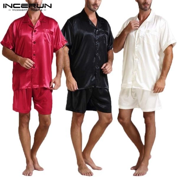 

silk satin men pajamas sets fashion sleepwear suit soft short sleeve homewear shorts two piece men loungewear pajama s-5xl t200813, Black;brown