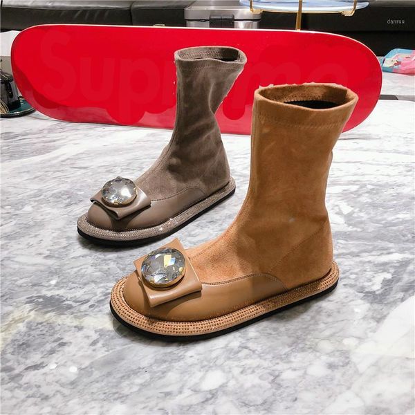 

boots deat 2021 spring autumn fashion casual color genuine leather elastic cloth large rhinestone socks flat shoes sf1481, Black