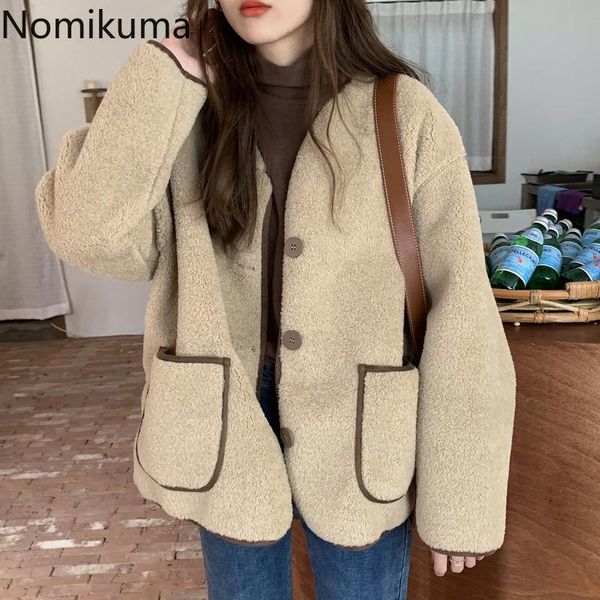 

women's jackets nomikuma temperament coat korean style loose contrast color o neck single breasted cardigan pocket long sleeve women, Black;brown