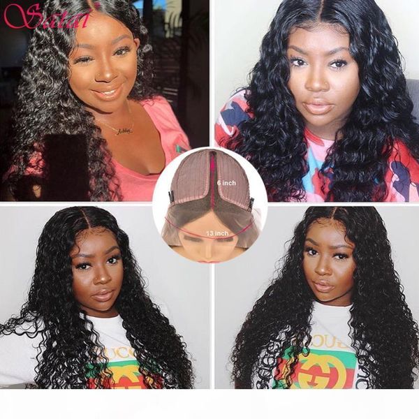

satai deep wave lace part wig human hair wigs for women brazilian deep wave lace front 150 density remy human hair wigs, Black;brown