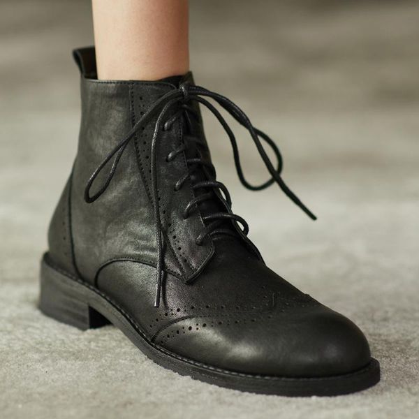 

boots women's genuine leather lace-up flats autumn ankle carving british style gradient color retro short booties comfort shoes, Black