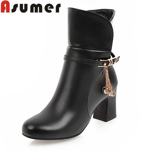 

boots asumer 2021 elegant solid ankle for women buckle strap winter round toe thick heels fashion size34-431, Black