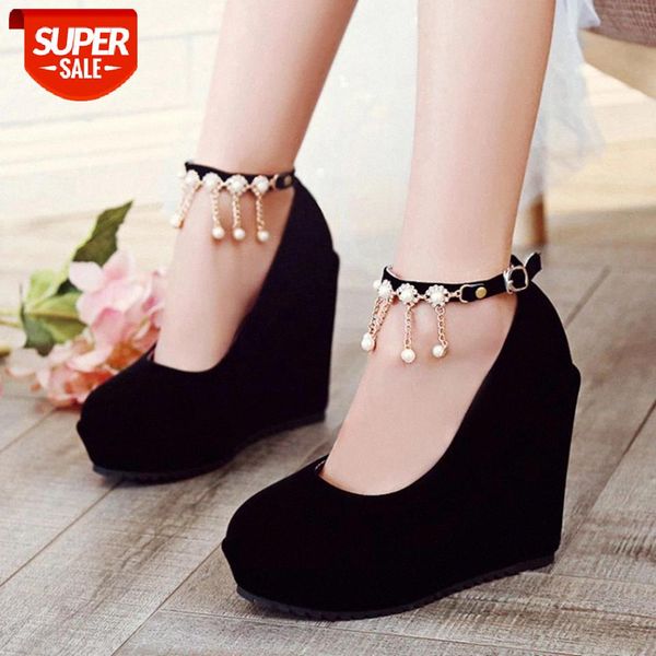 

ribetrini elegant office lady pearl round head pumps buckle wedges platform pumps women red wedding dress shoes woman #ua04
