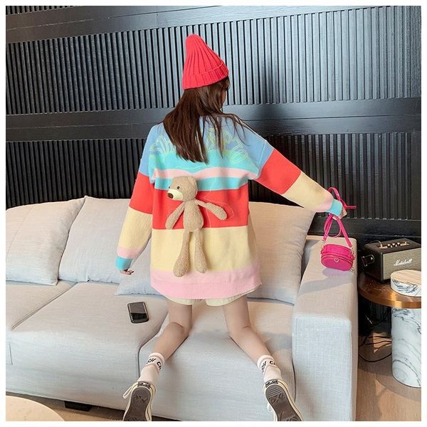 

sweater 2020 pullover sweatercoat sweaternew women's autumn and winter wear pullover loose bear rainbow lazy wind sweater coat 92zdk, White;black