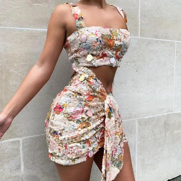 

women's tracksuits 2021 push up package hip women two piece set sequined sleeveless off shoulder tank bodycon colorful celebrity sk, Gray