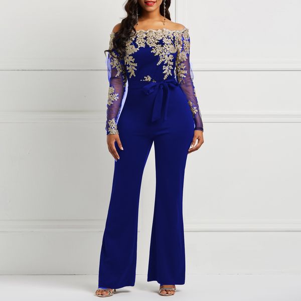 

2021 off the shoulder ladies'overalls, legs wide, autumn floral trousers, lace, sleeves, sleek blue, women's overalls. y1jc, White;black